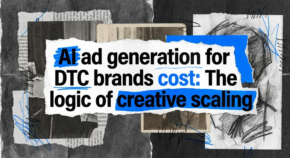 AI ad generation for dtc brands cost represented as a torn paper collage with electric blue accents