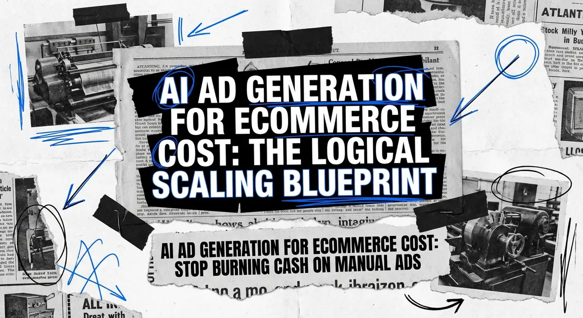 Torn paper collage featuring title text about ai ad generation for ecommerce cost with electric blue accents