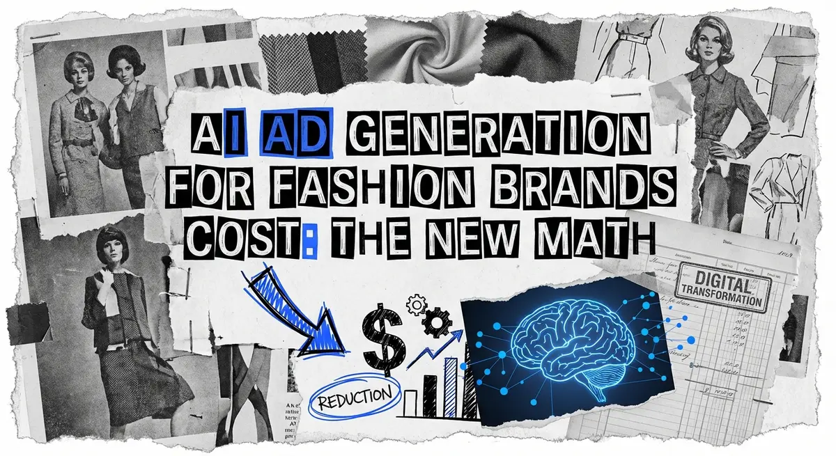 AI ad generation for fashion brands cost torn paper collage with electric blue accents