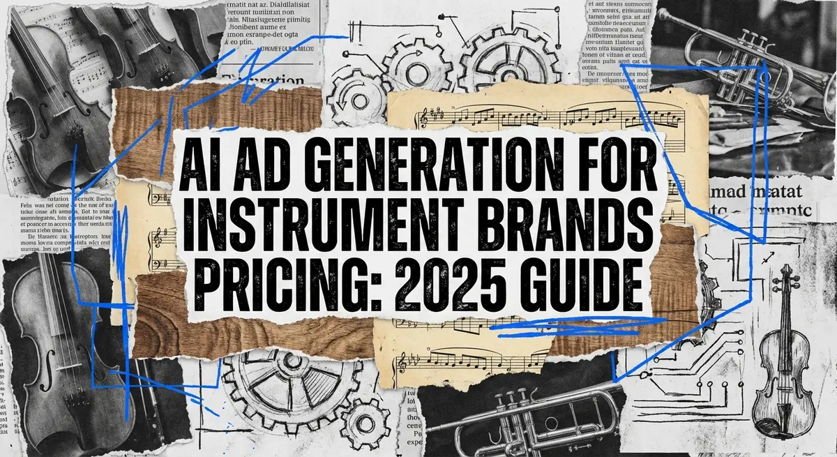 Torn paper collage featuring AI ad generation for instrument brands pricing guide with electric blue accents