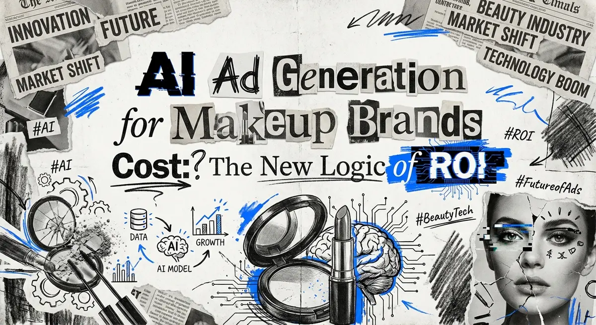 AI ad generation for makeup brands cost collage with torn paper and electric blue accents