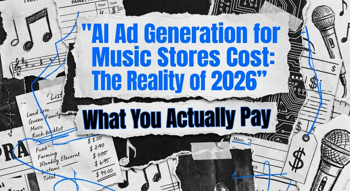 AI Ad Generation for Music Stores Cost collage with torn paper and electric blue accents
