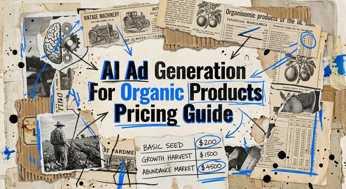 AI ad generation for organic products pricing guide torn paper collage art