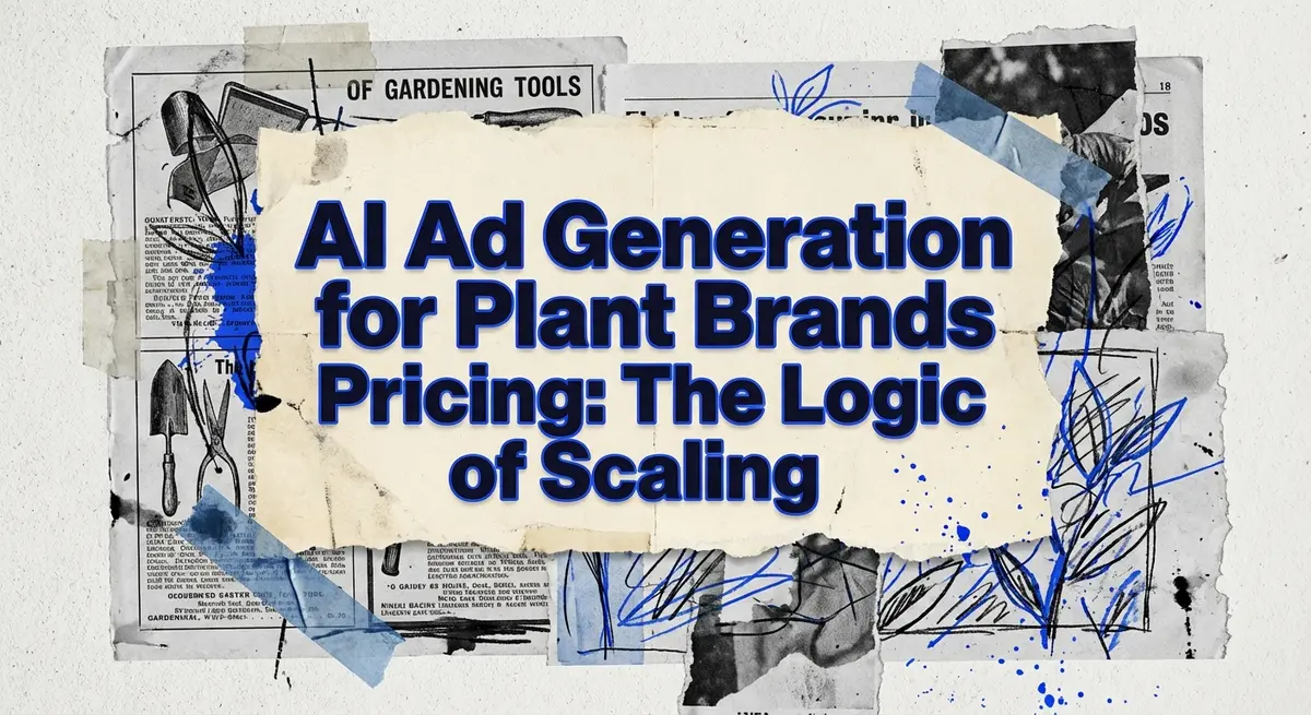 Torn paper collage featuring the text AI Ad Generation for Plant Brands Pricing