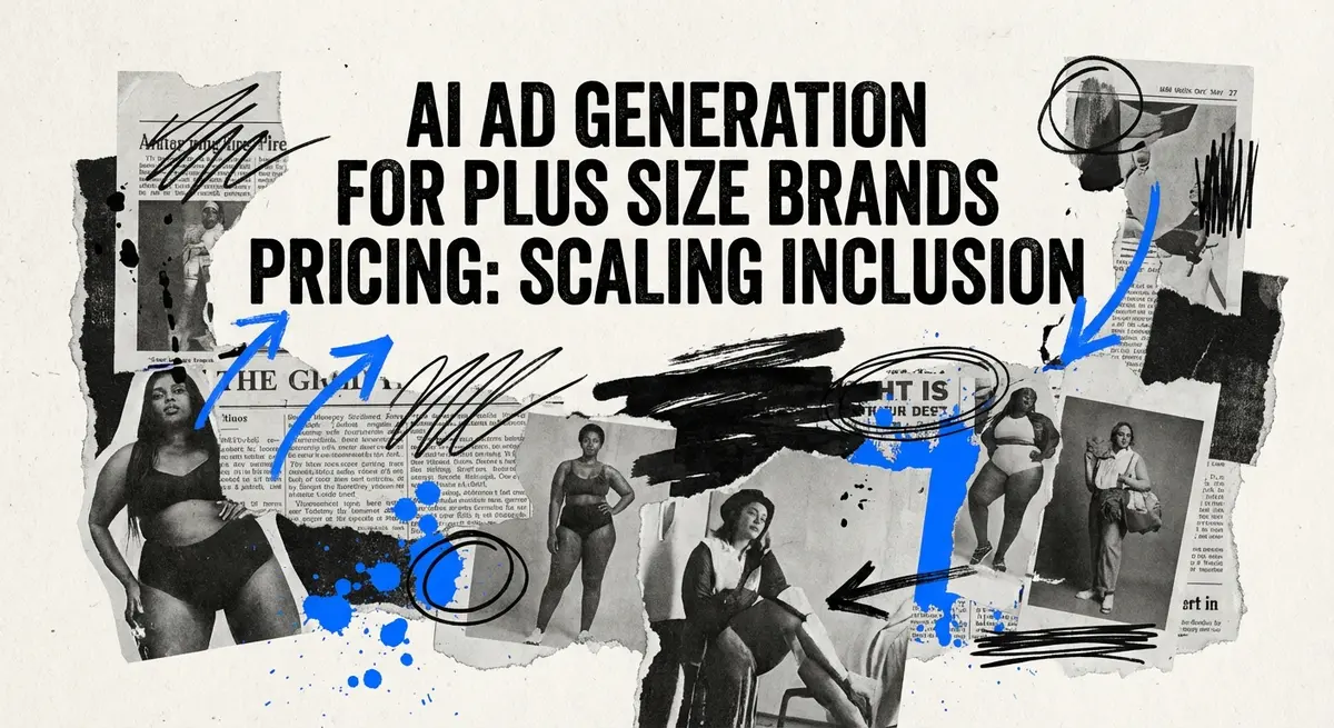AI ad generation for plus size brands pricing collage showing torn paper and digital elements