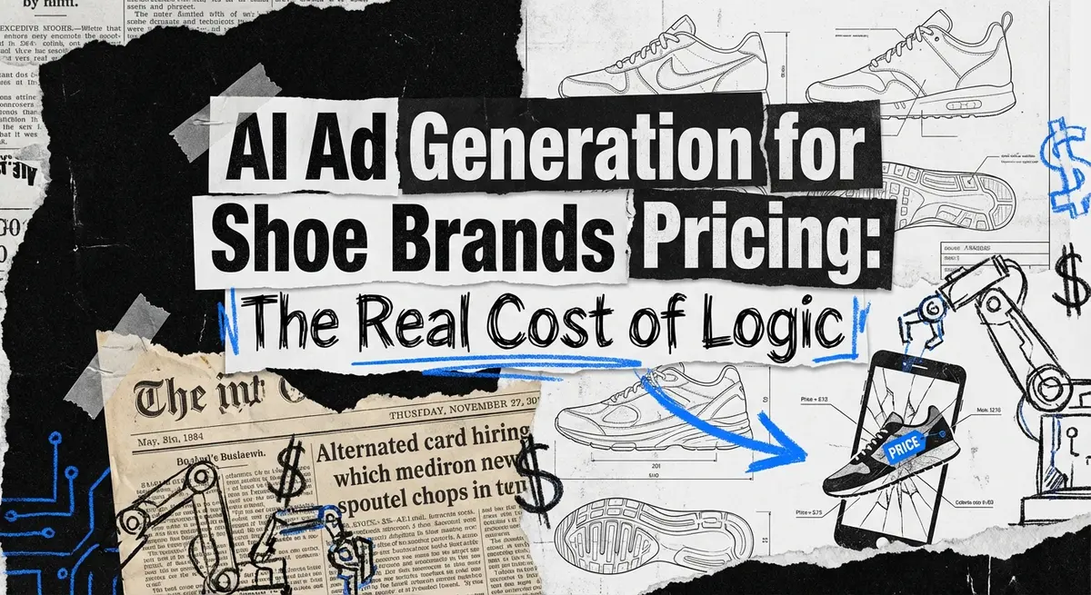 AI ad generation for shoe brands pricing abstract collage with torn paper and blue accents