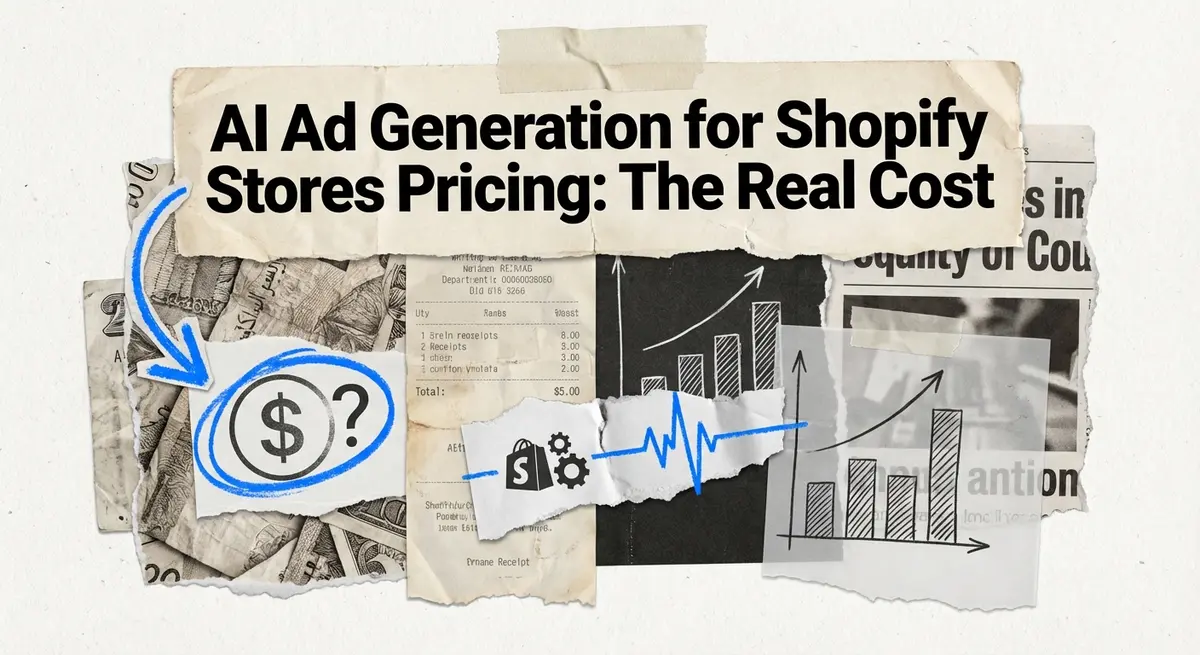 AI Ad Generation for Shopify Stores Pricing torn paper collage with electric blue accents