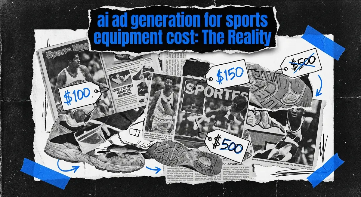 Artistic collage featuring the text ai ad generation for sports equipment cost