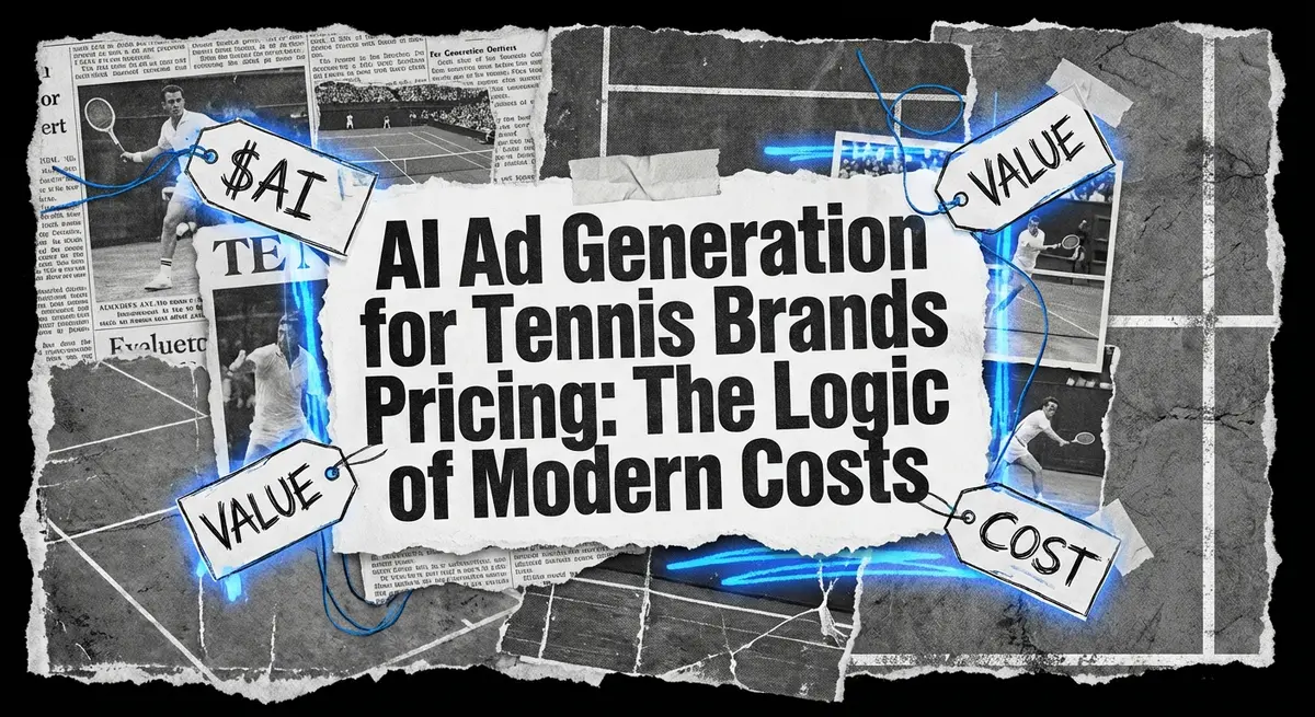 AI ad generation for tennis brands pricing guide showing torn paper collage style