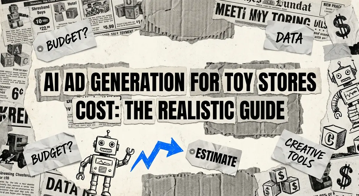 AI ad generation for toy stores cost analysis showing torn paper collage with digital and analog elements