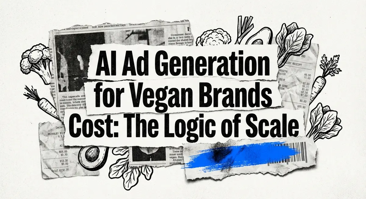Torn paper collage featuring ai ad generation for vegan brands cost title with electric blue accents