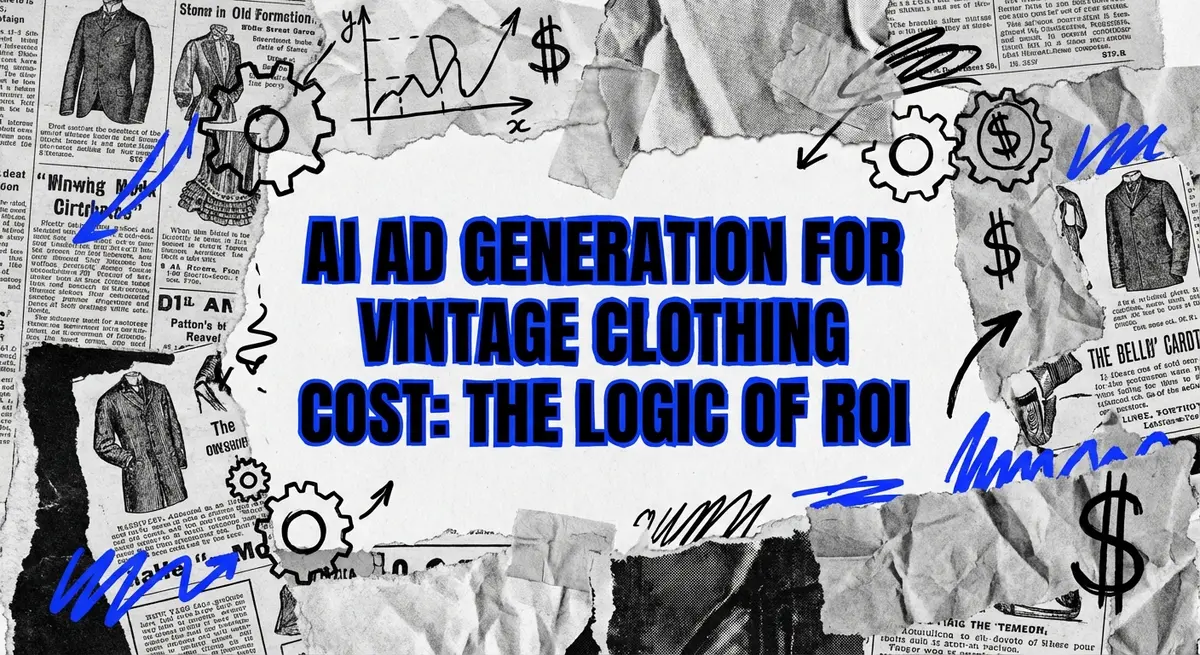 AI ad generation for vintage clothing cost reduction concept art in torn paper style
