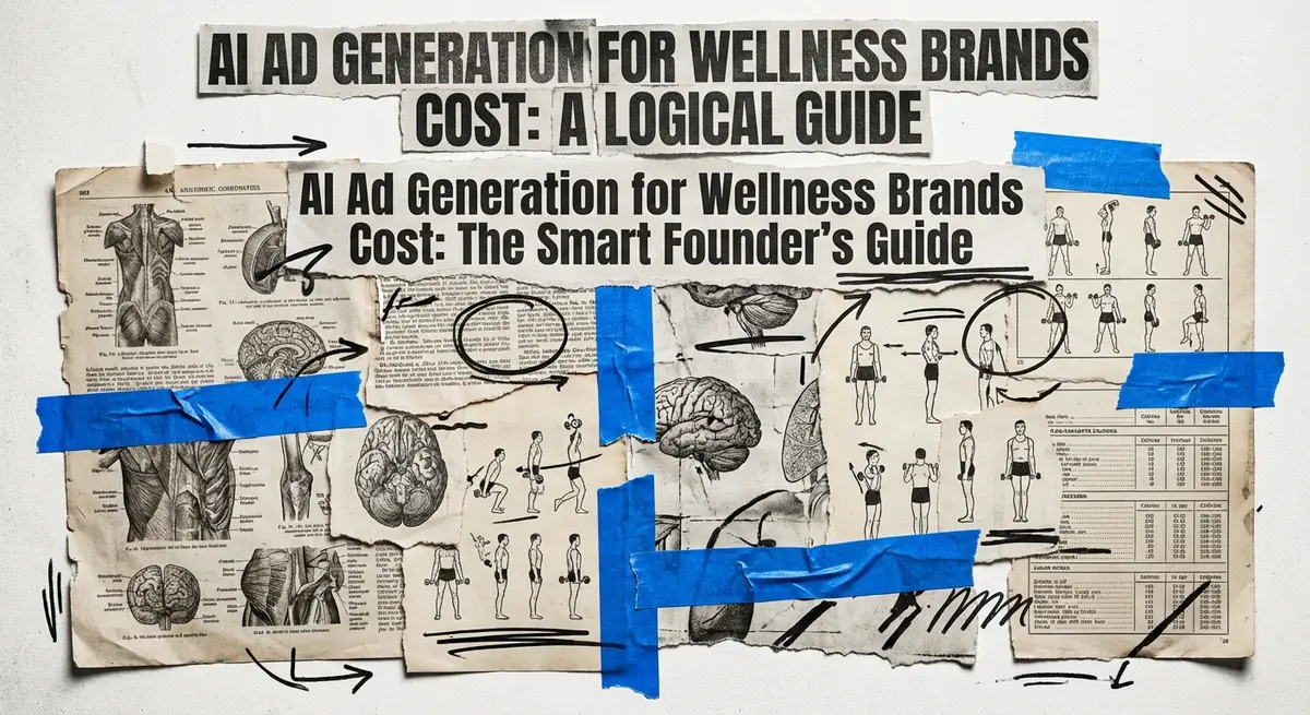 Torn paper collage featuring the title AI Ad Generation for Wellness Brands Cost with electric blue accents