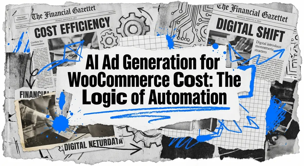 AI ad generation for woocommerce cost torn paper collage style with electric blue accents