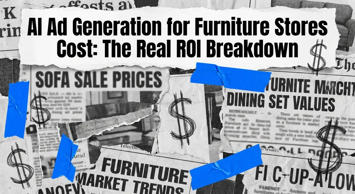 AI ad generation for furniture stores cost breakdown on torn paper style collage with electric blue accents