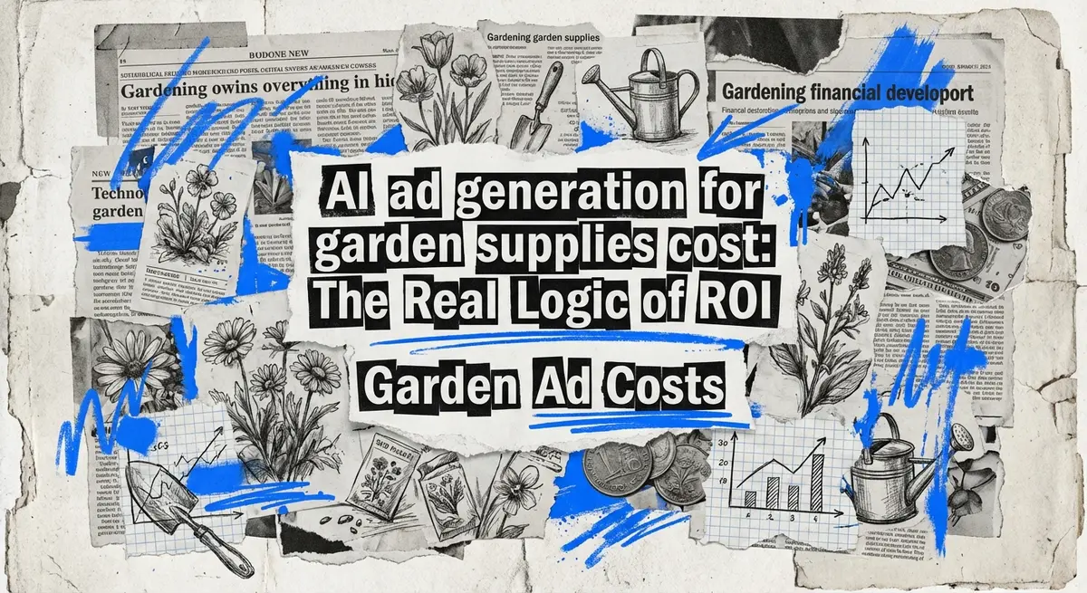 Torn paper collage featuring garden elements and financial charts illustrating ai ad generation for garden supplies cost