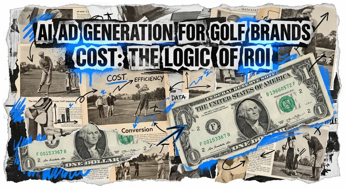 Torn paper collage illustrating the reduction of ai ad generation for golf brands cost