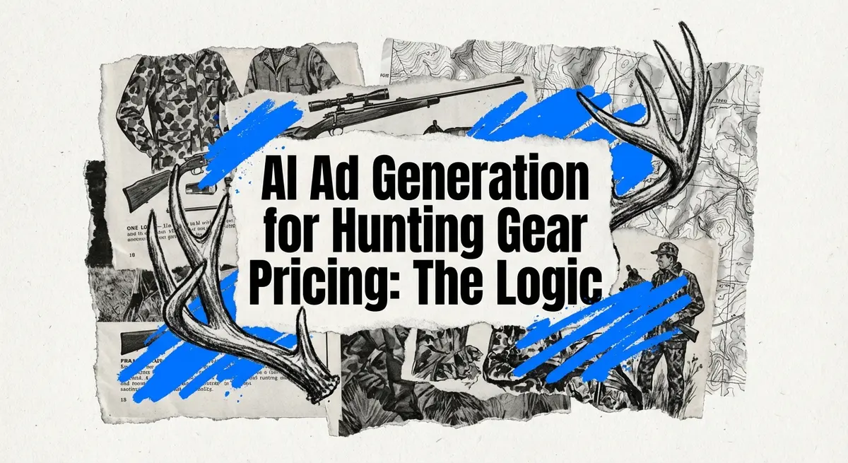 AI ad generation for hunting gear pricing logic collage with torn paper and electric blue accents
