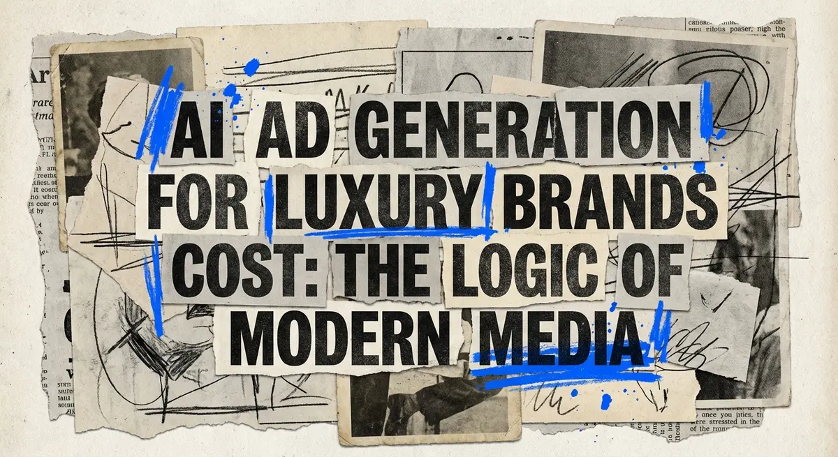 Torn paper collage illustrating ai ad generation for luxury brands cost and strategic investment