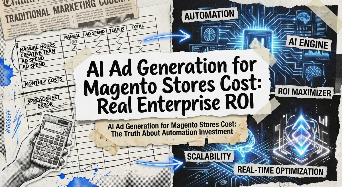 AI Ad Generation for Magento Stores Cost collage showing manual vs automated comparison