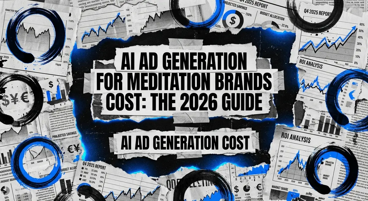 ai ad generation for meditation brands cost visual representation with torn paper style and electric blue accents