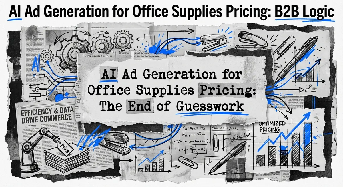 AI ad generation for office supplies pricing collage with torn paper and blue accents