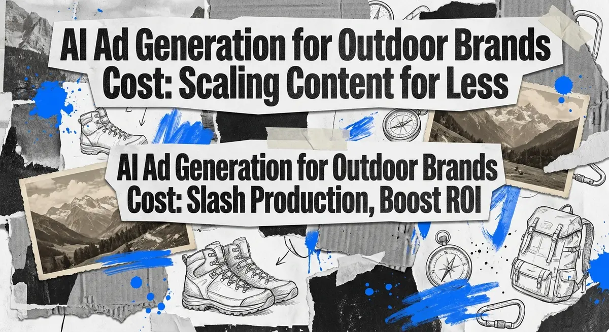 AI ad generation for outdoor brands cost collage with vintage mountain elements and electric blue accents