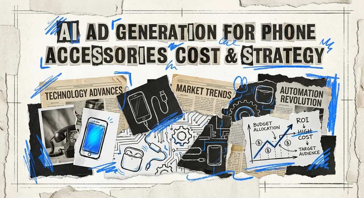 Torn paper collage featuring the text AI Ad Generation for Phone Accessories Cost & Strategy with electric blue accents