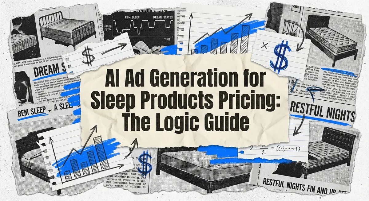 AI Ad Generation for Sleep Products Pricing visual concept with torn paper aesthetic