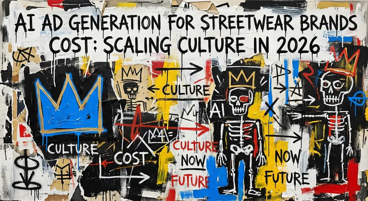 Basquiat style art featuring ai ad generation for streetwear brands cost title with electric blue accents