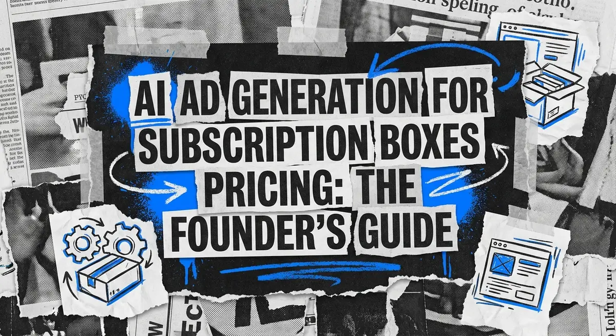 AI ad generation for subscription boxes pricing collage with torn paper and electric blue accents