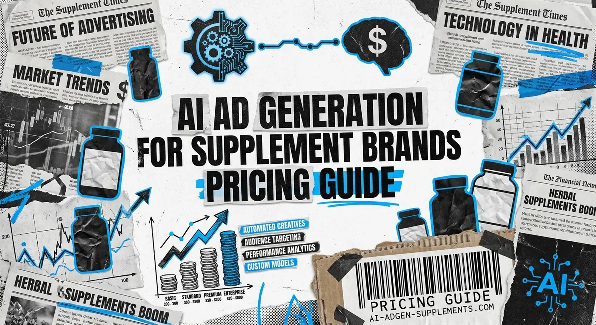 AI ad generation for supplement brands pricing guide featuring torn paper collage art