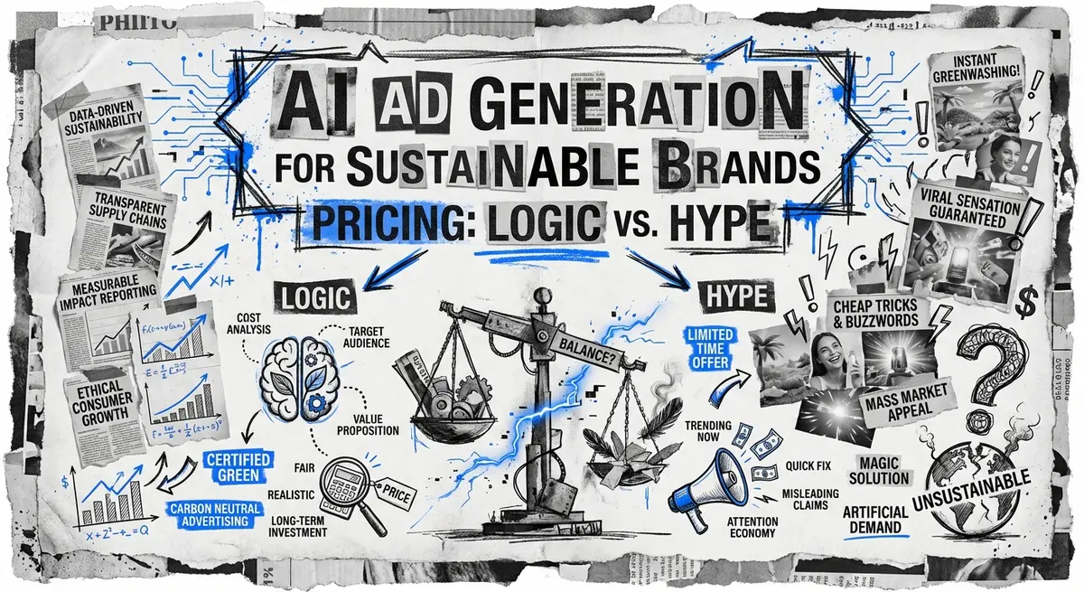 AI ad generation for sustainable brands pricing collage logic vs hype