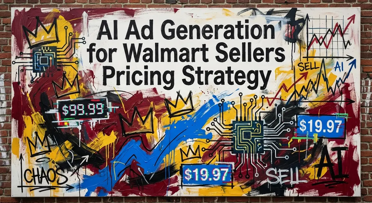 Basquiat style artwork featuring ai ad generation for walmart sellers pricing concept with digital elements