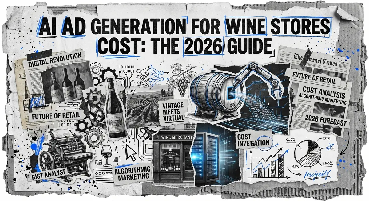Torn paper collage featuring AI ad generation for wine stores cost text with #0066FF blue accents
