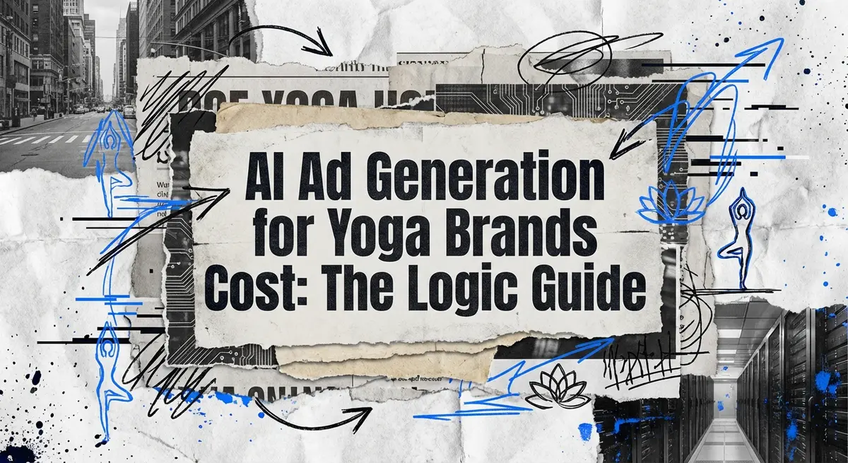 AI ad generation for yoga brands cost logic guide collage with torn paper and electric blue accents