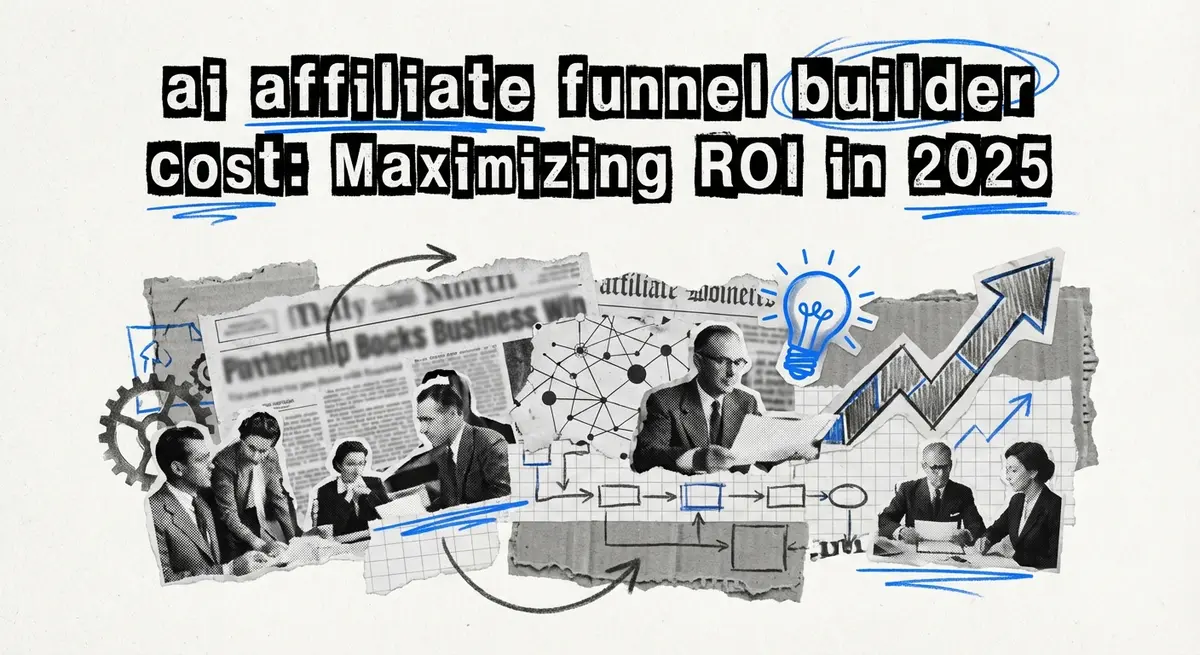 AI affiliate funnel builder cost torn paper collage with electric blue accents