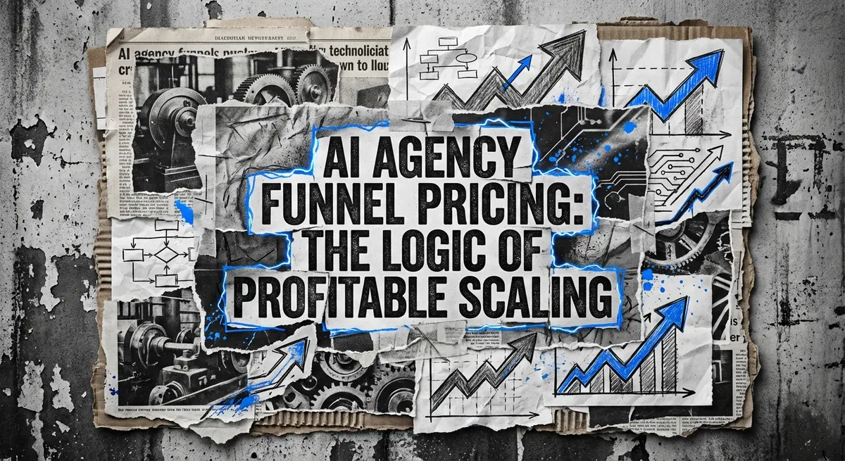 Artistic collage featuring the text AI Agency Funnel Pricing The Logic of Profitable Scaling with electric blue accents