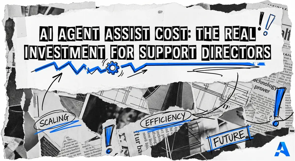 AI agent assist cost collage with torn paper and blue accents