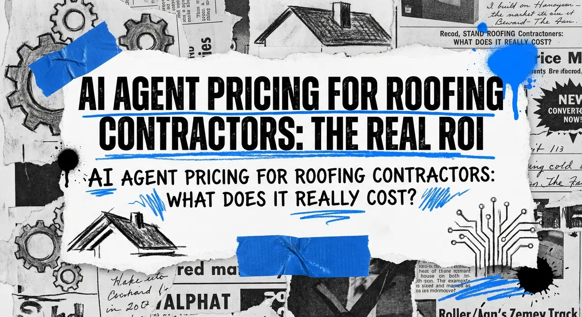 AI agent pricing for roofing contractors collage with torn paper and electric blue accents