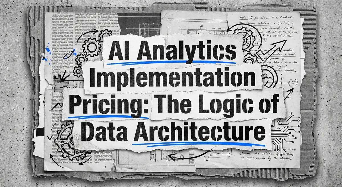 AI analytics implementation pricing collage with torn paper and blue accents