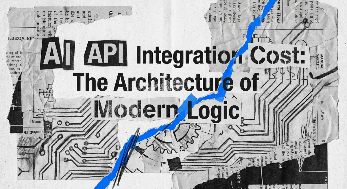AI API integration cost logic visualized as a torn paper collage with electric blue accents