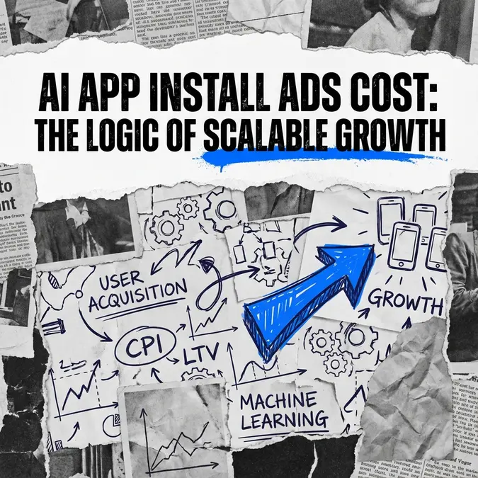 Collage art representing AI app install ads cost optimization strategies