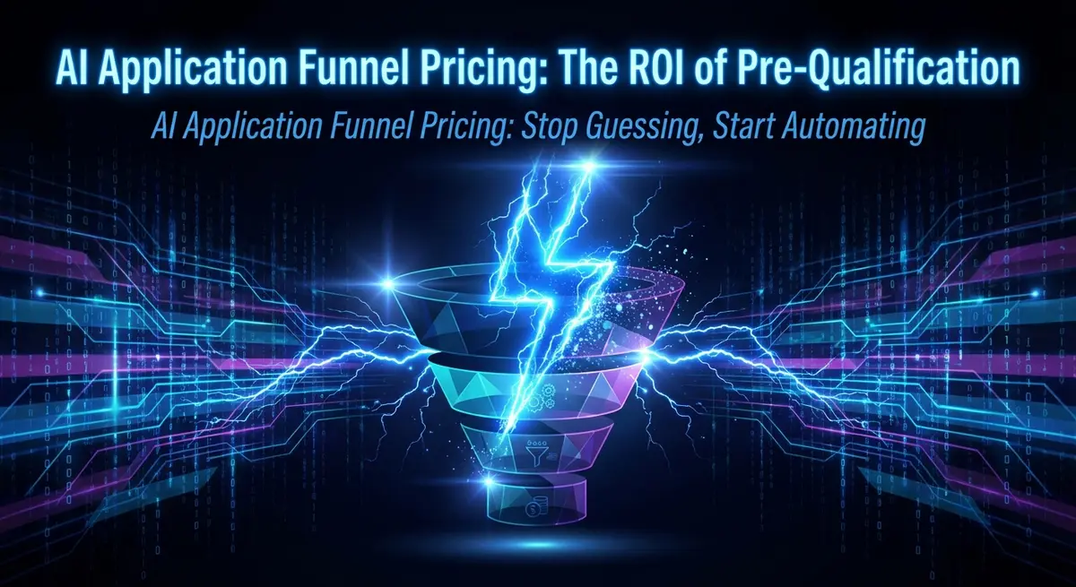AI application funnel pricing visualization with electric blue lightning striking a digital sales funnel