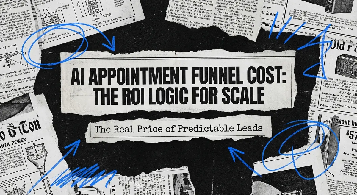 AI appointment funnel cost collage with torn paper style and electric blue accents