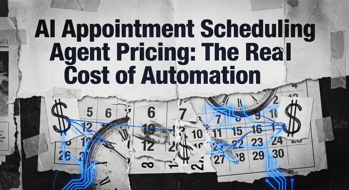 AI appointment scheduling agent pricing collage with torn paper calendar and blue accents