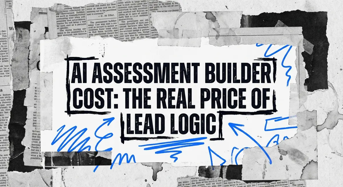 AI assessment builder cost concept art with torn paper style and electric blue accents