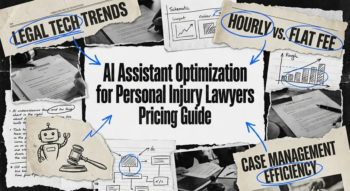 AI assistant optimization for personal injury lawyers pricing guide collage with torn paper and electric blue accents