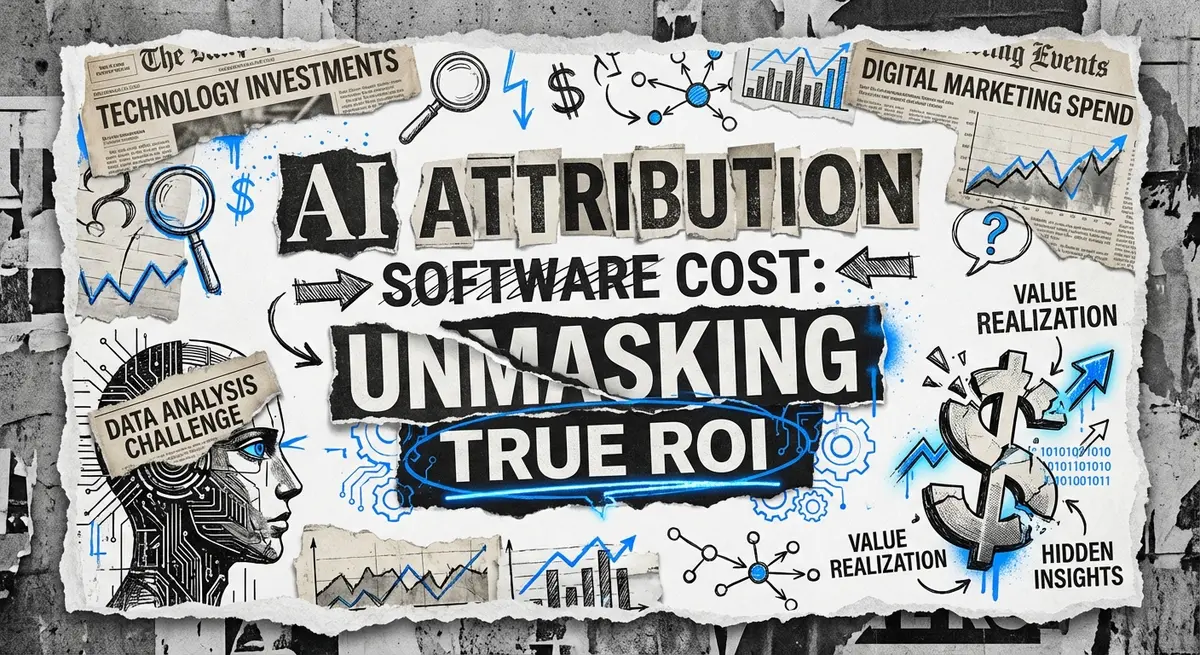 AI attribution software cost visualization with torn paper effect and #0066FF accents