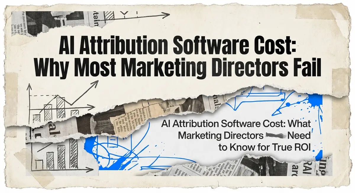 AI attribution software cost analysis collage with torn paper and electric blue accents